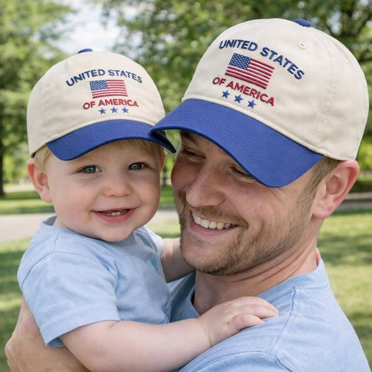Matching Dad and Baby USA Flag Hat, United States Embroidered Two Tones Cap, Father Son Matching Hat, Patriotic Family Cap Gift, Custom Name