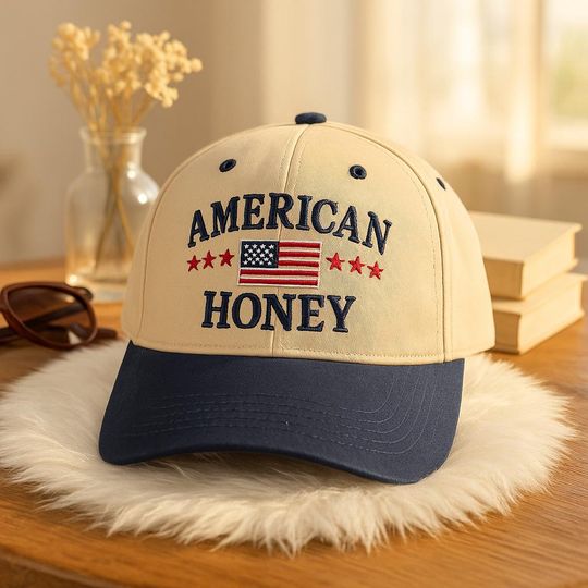 American Honey Embroidered Hat, Memorial Girly Embroidered Hat, 4th Of July Cap, Red White Blue USA Cap, Vintage Two-Toned Hat Gift for Her