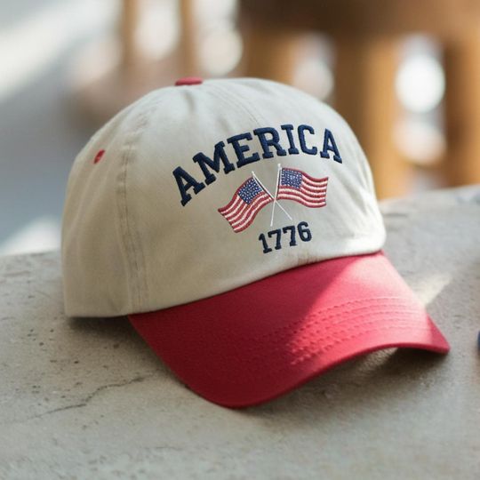 Embroidered America Flags 6-Panel Baseball Cap, Embroidered USA Hat, July 4th, Independence Red White Blue United States American, Election