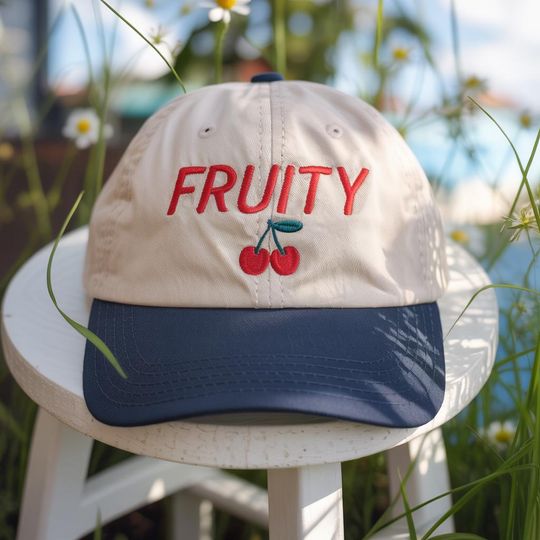 Embroidered Cherry Fruity 2-Toned Baseball Cap, Unhinged Summer Cap, 90s Shirt, LGBTQ Queer Pride Parade, Lesbian Queer Rainbow Cap