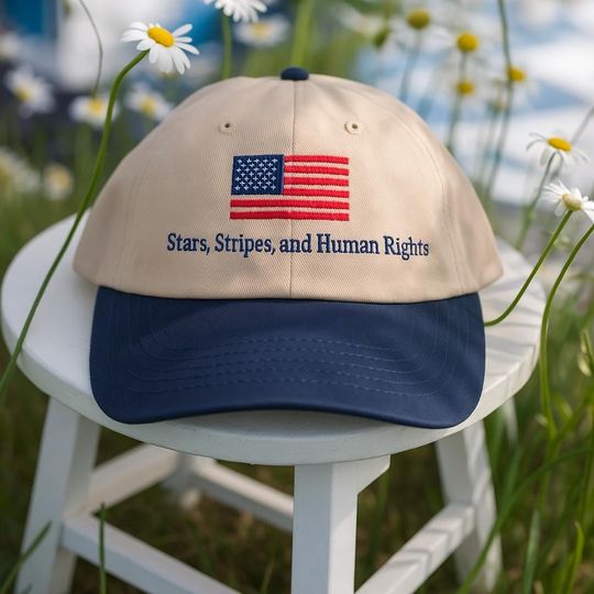 Embroidered Stars, Stripes, and Human Rights 2-Toned Baseball Cap, Feminist Democrat Activist 4th of July Flag Cap, Independence Day Protest