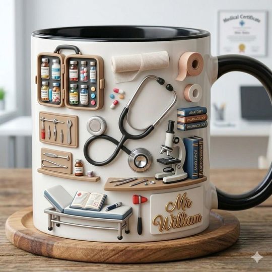 3D Embossed Medical Doctor Accent Mug, Personalized Nurse and Medical School Graduate Coffee Cup