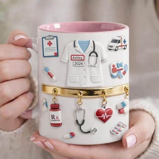 Personalized Nurse Mug with Medical Icons, Custom Name Coffee Cup, Nurse Graduation Gift
