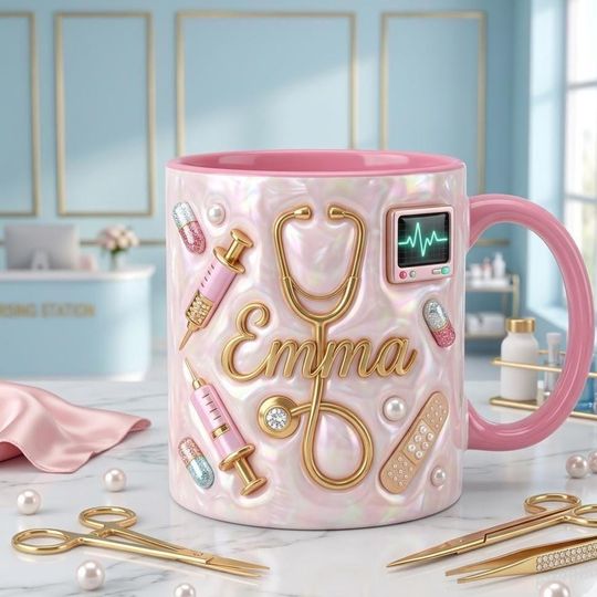 Personalized Medical Nurse Mug with Name and Stethoscope 3D Embossed Accent Coffee Cup for Healthcare Workers
