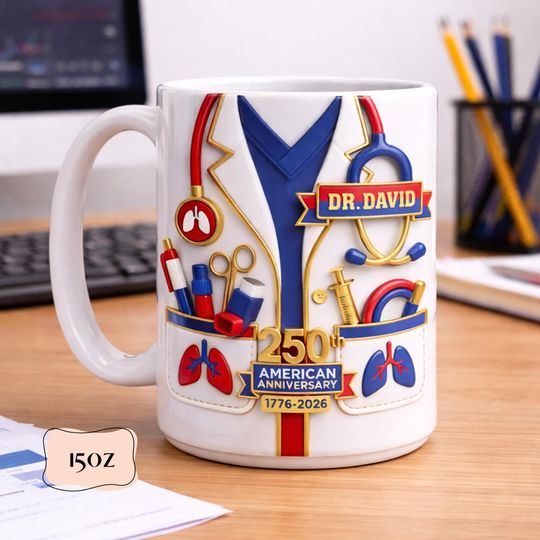 USA 250th Anniversary 3D Embossed Lab Coat Mug, Personalized Physician Gift, Medical Graduation Mug