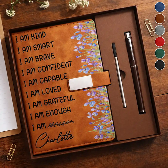 Birth Flower I Am Enough - Personalized Leather Notebook Set