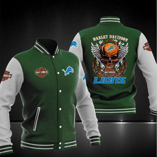 Discover football Detroit Lions Green Skull Baseball Jacket V2