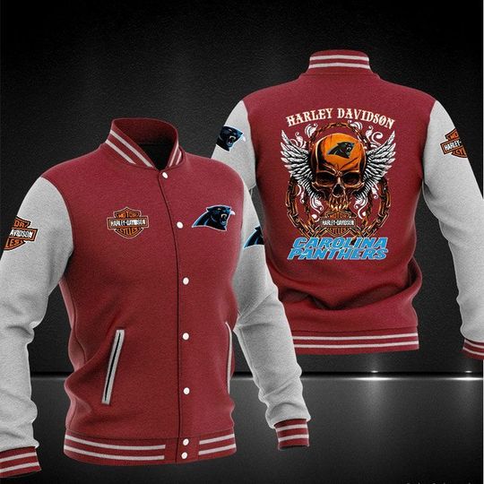 Discover football Carolina Panthers Red Skull Baseball Jacket V2