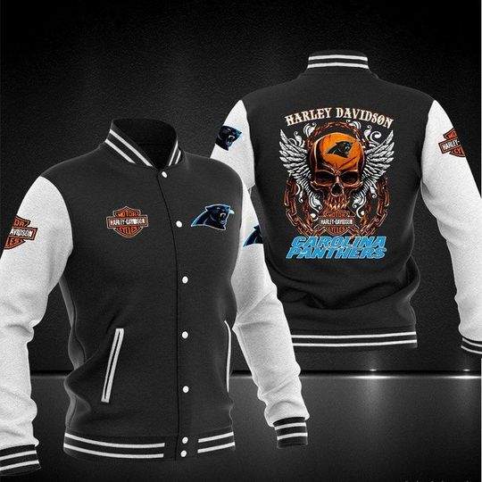 Discover football Carolina Panthers Black Skull Baseball Jacket V2
