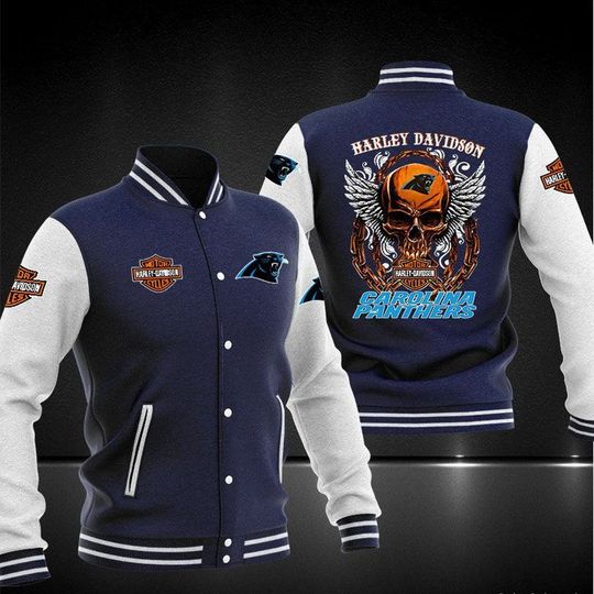 Discover football Carolina Panthers Navy Skull Baseball Jacket V2
