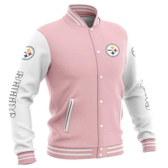Discover football Pittsburgh Steeler Pink White Baseball Jacket