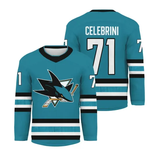 Discover Hockey Jersey - Teal/Black/White Accents "Celebrini 71" Shark Logo