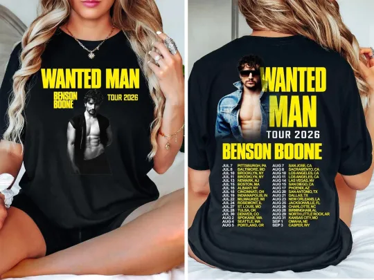 Discover Benson Boone Wanted Man Tour 2026 Shirt, Double Sided Concert Graphic T-Shirt