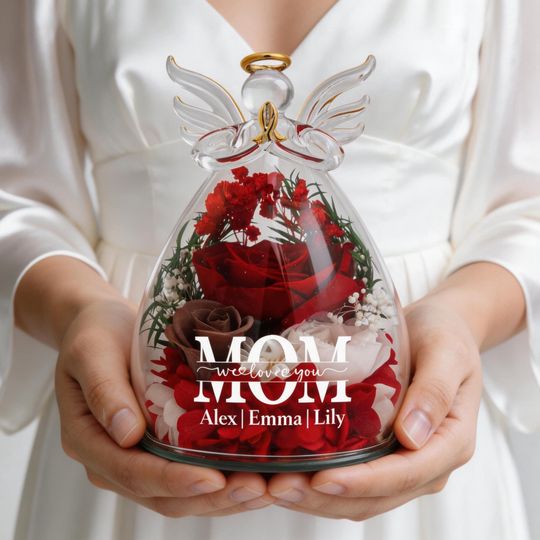 Personalized Name Preserved Flower In Glass Angel Figurines,Eternal Rose Angel Ornament,Custom Gift to Mom Wife for Birthday Mother's Day