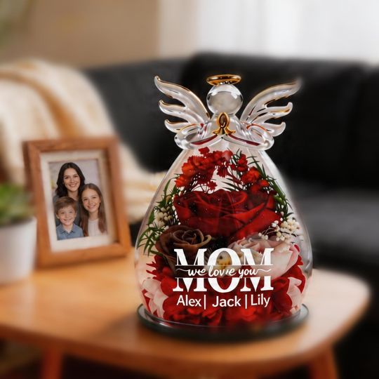 Discover Custom Name Preserved Rose Glass Angel Figurine - Personalized Eternal Flower Angel Ornament for Mom Gift - Mother's Day Keepsake