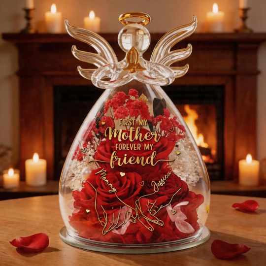 Custom Angel Dome with Preserved Rose - Personalized Eternal Flower Glass Angel Figurine/Ornament - Mother's Day/Birthday Giftfor Mom