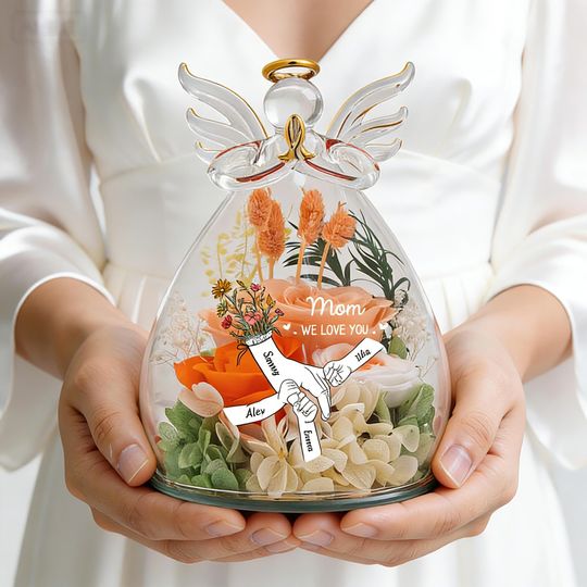 Personalized Name Preserved Flower In Glass Angel Figurines,Hand in Hand Design,Eternal Rose Angel Ornament,Custom Gift to Wife Mom Grandma