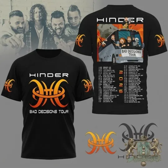Discover New Hinder Bad Decisions Tour 2026 Black 3D T-shirt S to 5XL PA377