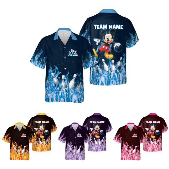 Discover Mickey Flame Bowling Hawaiian Shirt and Shorts Set, Custom Name Team Bowling Outfit, Personalized Aloha Shirt Set, Funny Summer Matching Set