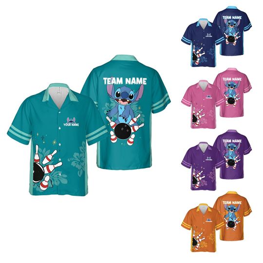 Discover Stitch Bowling Hawaiian Shirt Custom Name, Personalized Stitch Shirt, Summer Beach Shirt, Funny Cartoon Aloha Shirt, Gift for Family