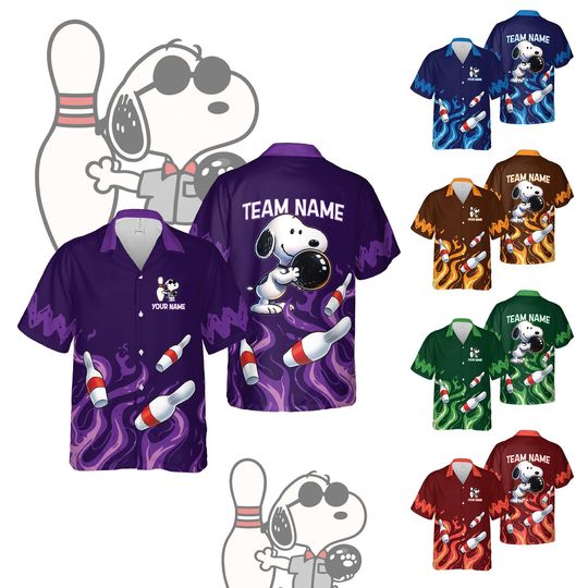 Discover Snoopy Bowling Flame Hawaiian Shirt, Custom Name Cartoon Hawaii Shirt for Men Women Kids, Retro Summer Beach Shirt Gift for Snoopy Fans