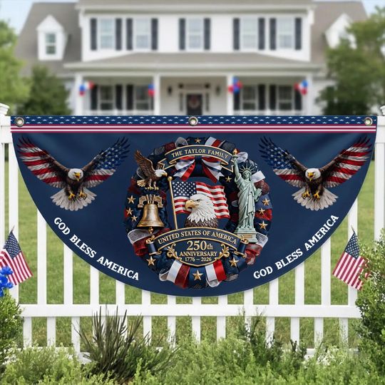 Personalized USA 250th Anniversary Patriotic Bunting Banner Semiquincentennial 1776-2026 Eagle Porch Flag Decor