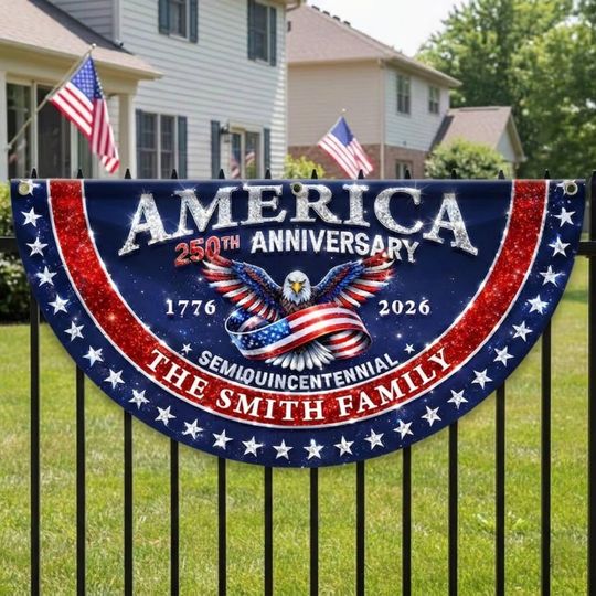 Discover Custom Name Family 250th Anniversary USA Fan Flag, Semiquincentennial Patriotic Gifts, July 4th Independence Day 2026 Banner