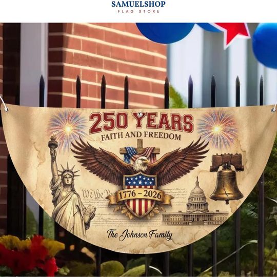 Personalized USA 250th Anniversary Semicircle Fence Flag Banner, 1776-2026 Patriotic Outdoor Decor, Custom Porch Fan Flag One Side Printed