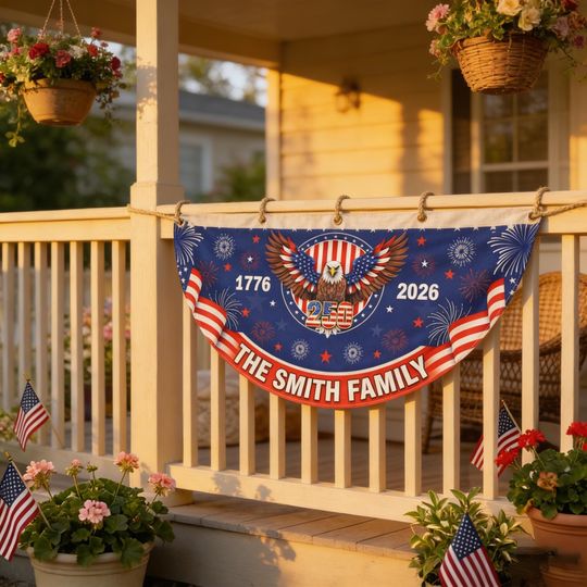 USA 250th Anniversary Bunting, Personalized Family Name Flag, 1776-2026 Semiquincentennial Decor, Patriotic American Eagle Banner
