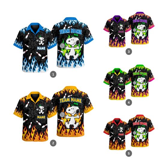 Discover Snoopyy Fire Flame Bowling Hawaiian Shirt, Custom Name Hawaiian Outfit, Personalized Retro Bowling Team