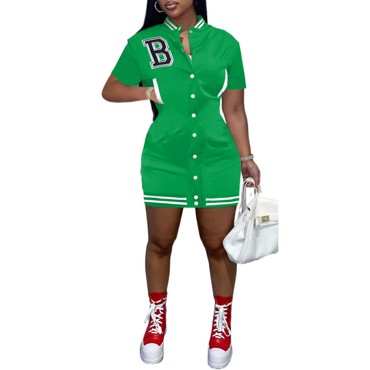 Womens Casual Baseball Varsity Mini Dress Bodycon Short Sleeve Button Down Dress with Pockets