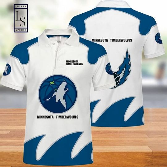 Discover Minnesotas Timberwolvess White Blue Polo Shirt