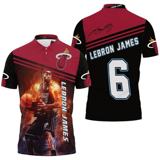 Discover Miami Heats Red Black Lebron James No 6 Dribbling Fire Polo Shirt