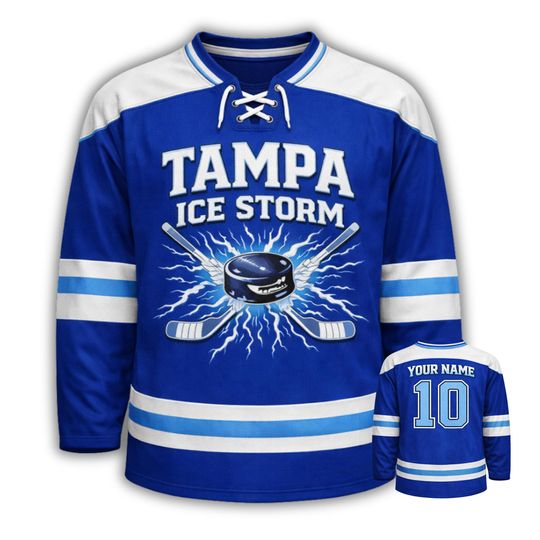 Discover Tampa Ice Hockey Jersey Blue White, Lace Up Custom Name Number, Storm Hockey Shirt