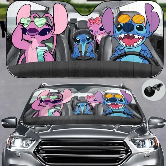 Discover Stitch Angel Car Sunshade, Lilo and Stitch Family Auto Sun Shade