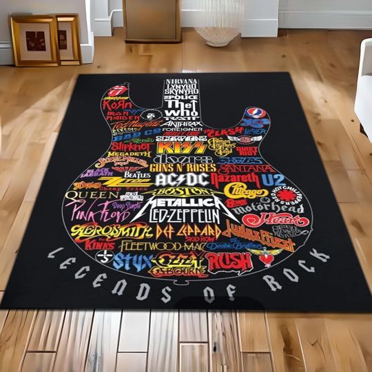 Discover Legends of Rock Music Rug, Electric Guitar Shape and Band Logos Rug, Music Studio Decor Rug, Rock and Roll Rug, Music Room Rug, Washable Rug