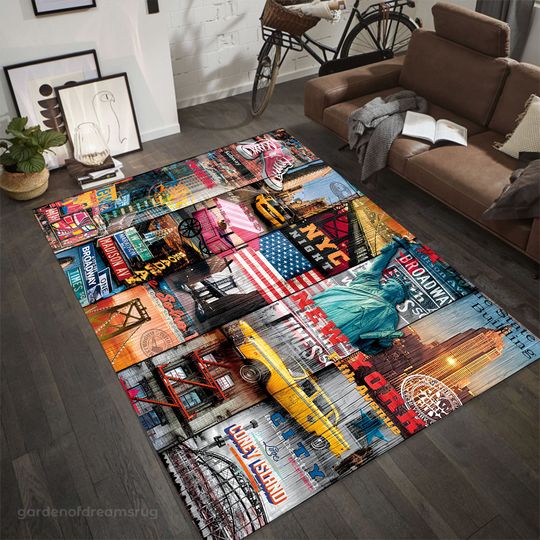 Discover NYC Area Rug: Colorful New York City Landmarks, Non-Slip