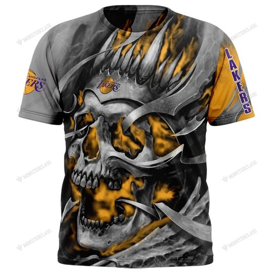 Discover NBA Los Angeles Lakers Custom Name Number Golden Gray Skull T-Shirt