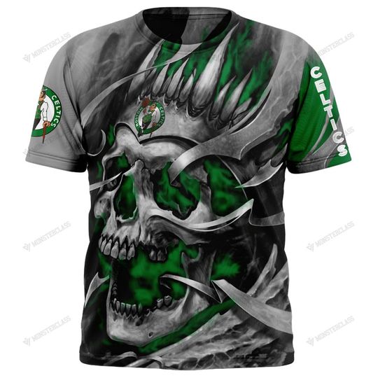 Discover NBA Boston Celtics Custom Name Number Green Grey Skull T-Shirt