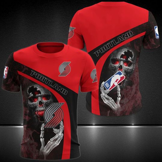 Discover NBA Portland Trail Blazers Red Black Fire Skull T-Shirt