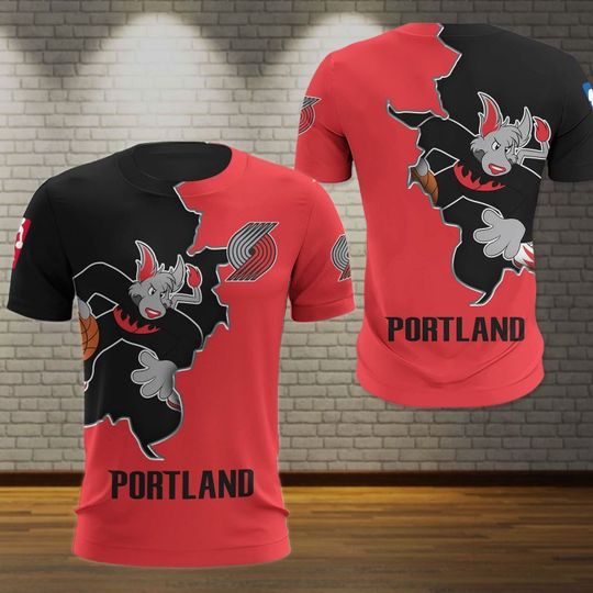Discover NBA Portland Trail Blazers Red Black Mascot T-Shirt