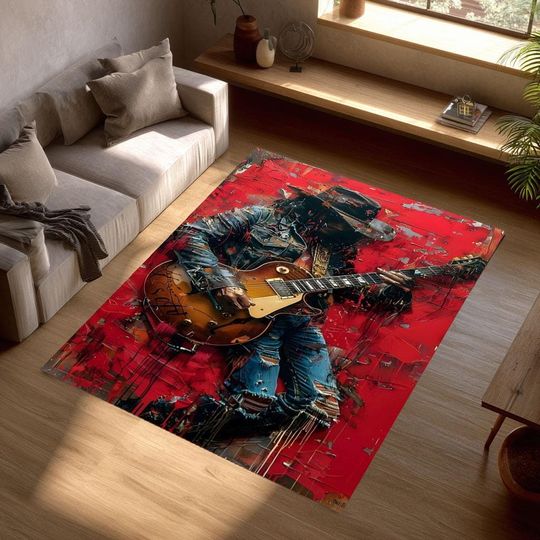 Discover Rock Guitarist Rug, Electric Music Art Carpet, Bold Band Studio Decor Floor Rug