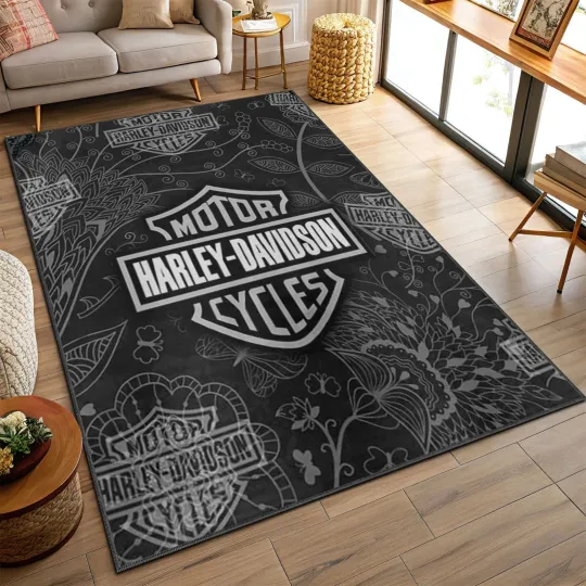 Discover davidson Floral Rug – Black & White Biker Carpet for Living Room Decor