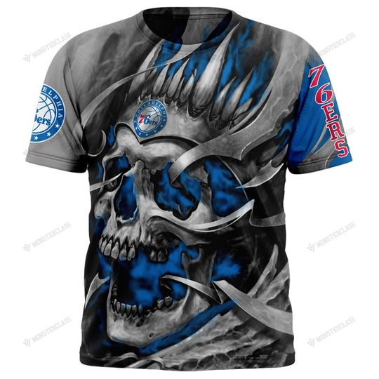 Discover NBA Philadelphia 76ers Custom Name Number Gray Blue Skull T-Shirt