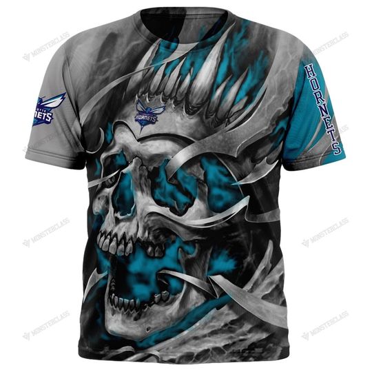 Discover NBA Charlotte Hornets Custom Name Number Gray Teal Skull T-Shirt