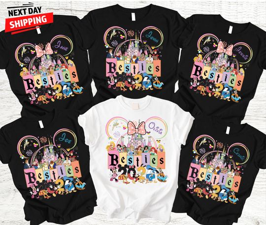 Discover BESTIES Disney 2026 Matching Vacation Shirts with Custom Names, Personalized Friends Group Trip Tees for Girls Trip.