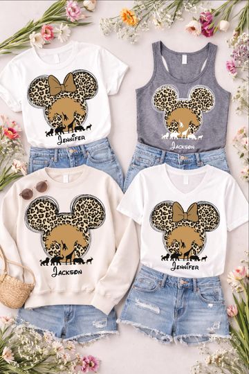 Discover Personalized Safari Disney Family Sweatshirt, Mickey Ears or Minnie Bow Matching Safari Shirts with Name for Mom Dad Kids Disney Trip