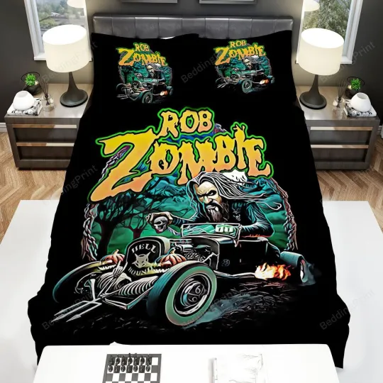 Rob Zombie Driving Hell Hound Car Art Bed Sheets Duvet Cover Bedding Sets