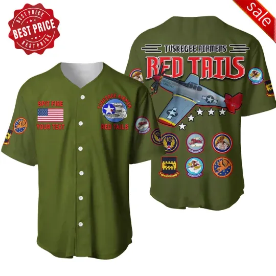 Custom Tuskegee Airmen WWII Red Tails Baseball Jersey 3D