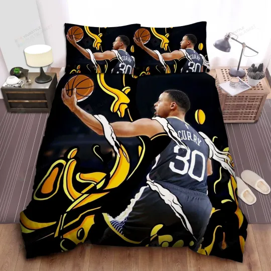 Golden State Warriors Stephen Curry Layup Illustration Bed Sheet Duvet Cover Bed